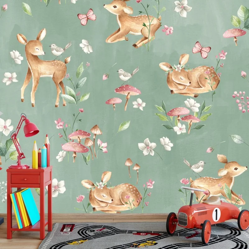 Carta da parati cerbiatti nel bosco fiorito