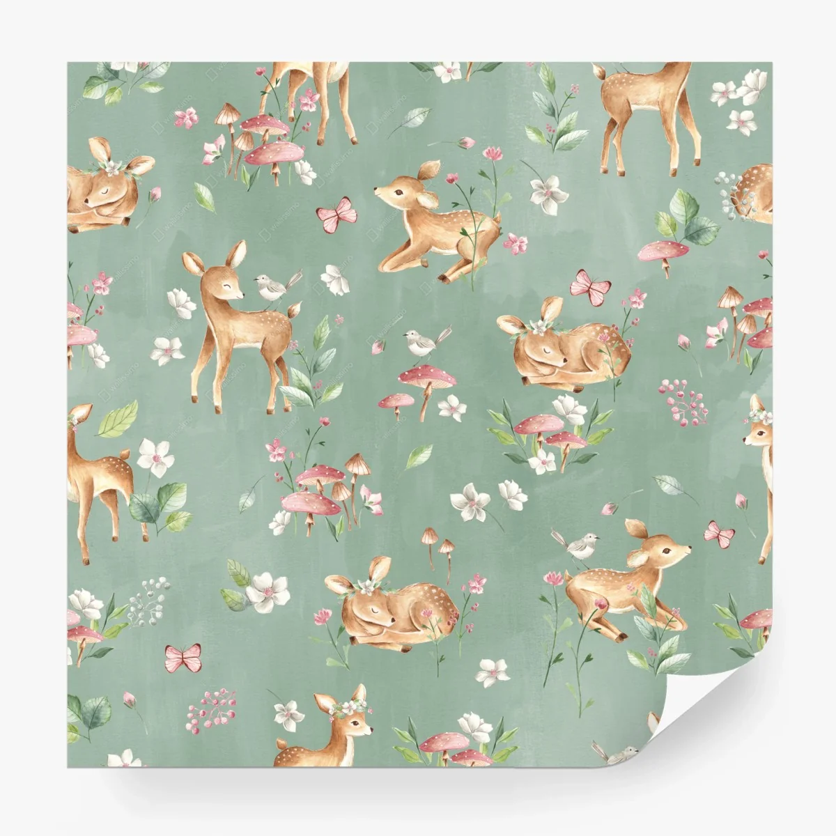 Carta da parati cerbiatti nel bosco fiorito • Wallissimo®