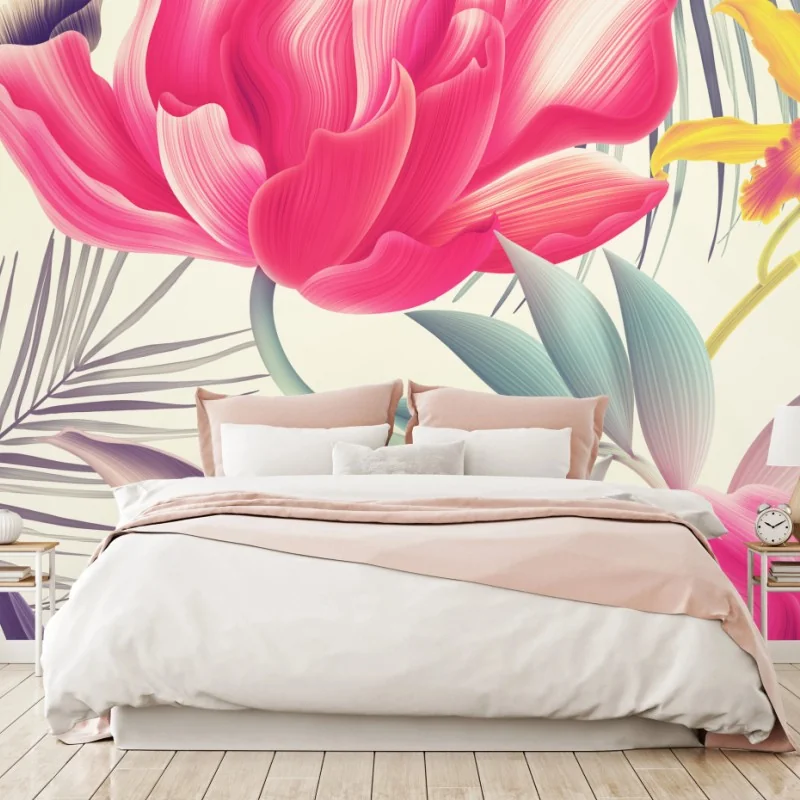Carta da parati motivo floreale tropicale in toni vivaci