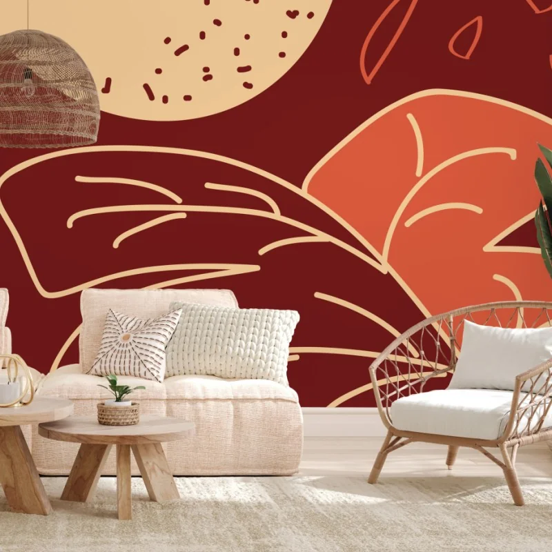 Carta da parati composizione botanica astratta in toni terracotta