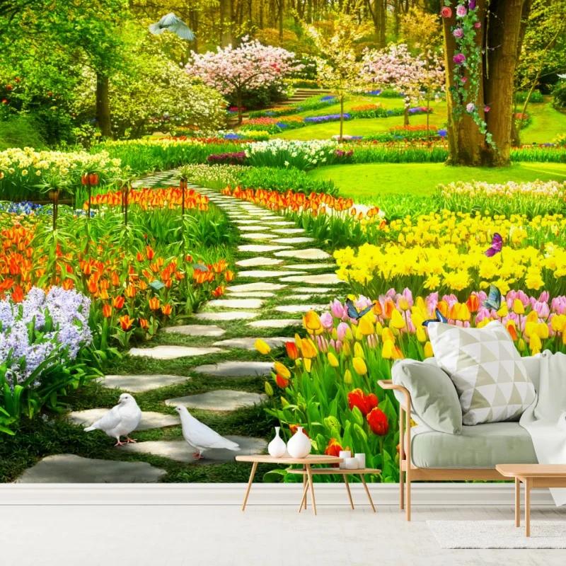 Carta da parati sentiero nel giardino fiorito
