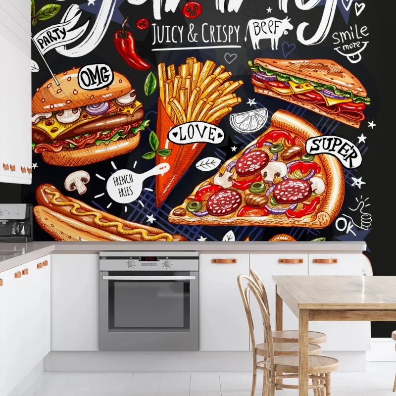 Carta da parati illustrazione colorata di fast food su sfondo lavagna