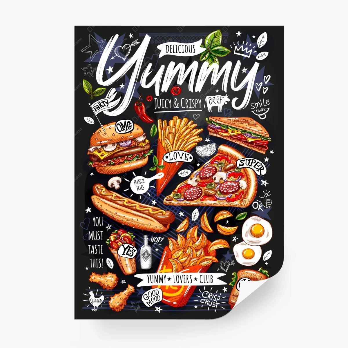 Carta da parati illustrazione colorata di fast food su sfondo lavagna • Wallissimo®