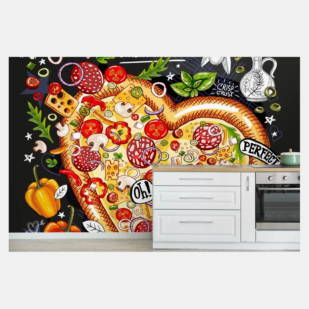 Carta da parati cuore di pizza pizzeria in stile lavagna • Wallissimo® Carta da parati cuore di pizza pizzeria in stile lavagna • Wallissimo®