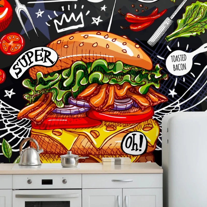 Carta da parati hamburger gourmet illustrato su sfondo lavagna