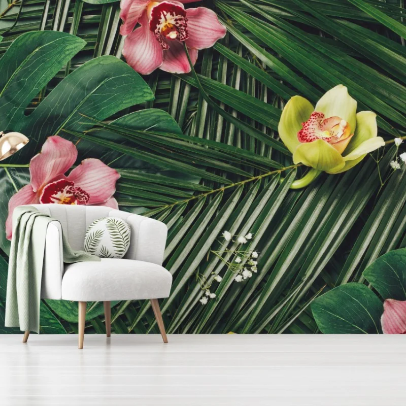 Carta da parati motivo tropicale con orchidee e foglie