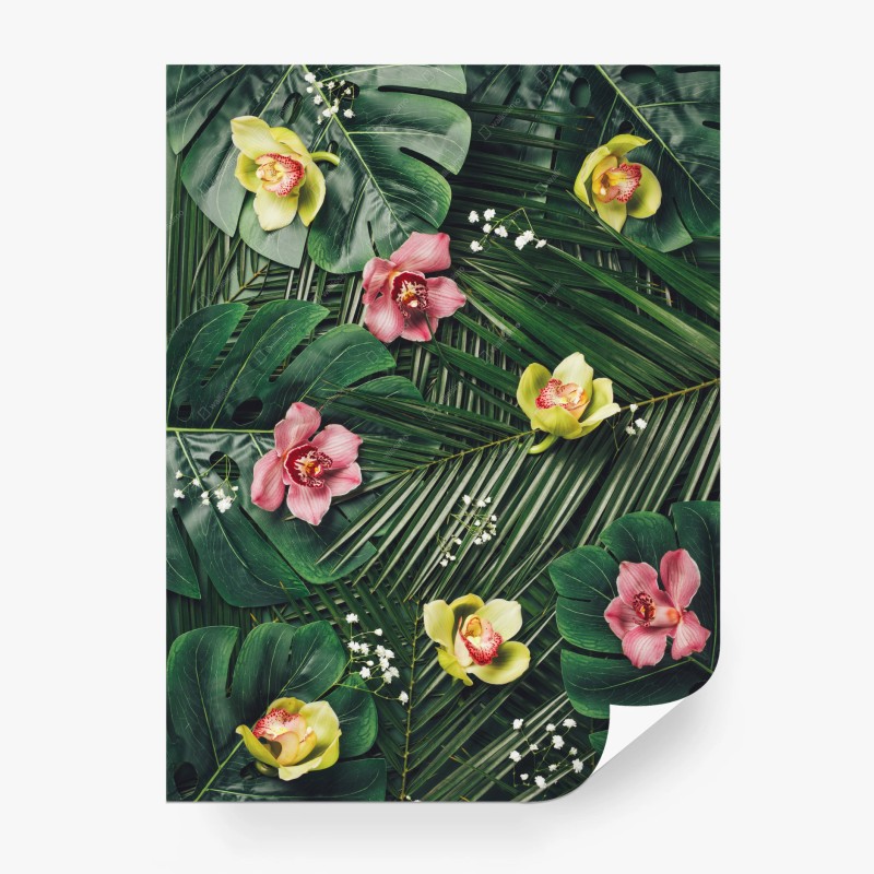 Carta da parati motivo tropicale con orchidee e foglie