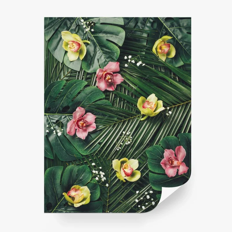 Carta da parati motivo tropicale con orchidee e foglie