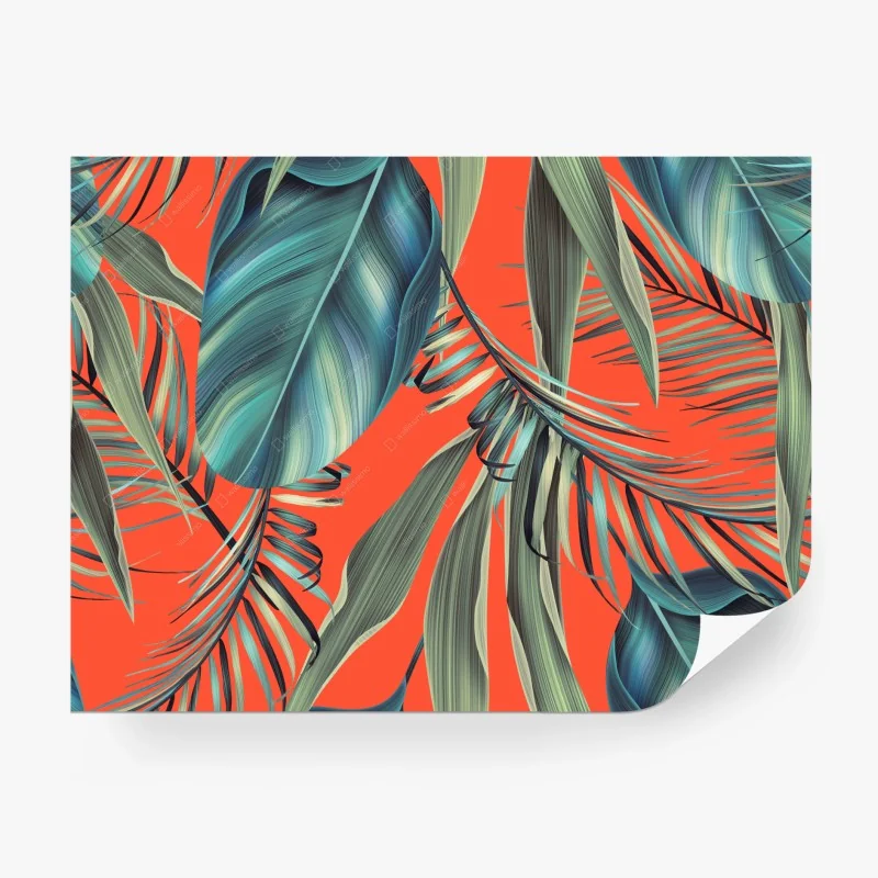 Carta da parati motivo foglie tropicali su sfondo arancione