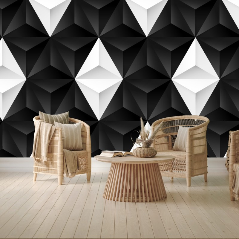 Carta da parati effetto geometrico tridimensionale in bianco e nero