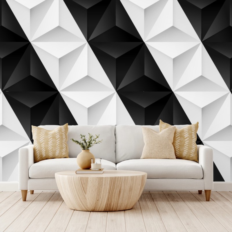 Carta da parati motivo geometrico tridimensionale in bianco e nero