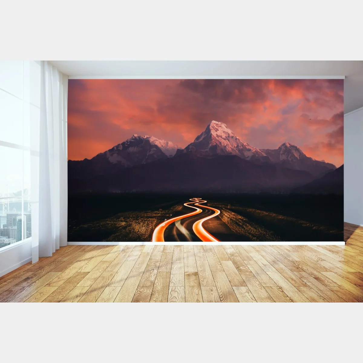 Carta da parati strada luminosa verso le montagne al crepuscolo • Wallissimo® Carta da parati strada luminosa verso le montagne al crepuscolo • Wallissimo®