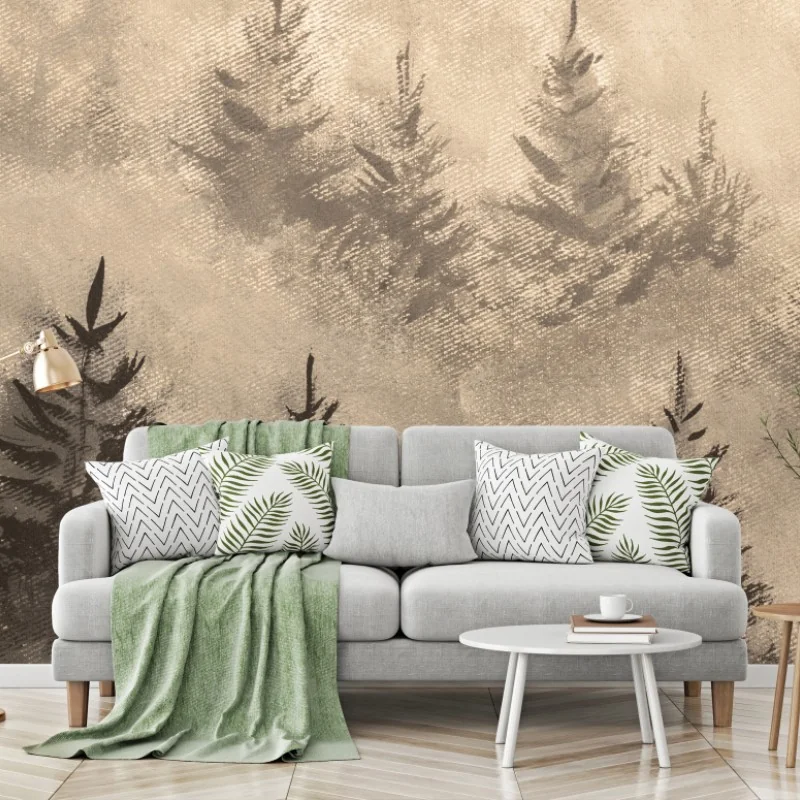 Carta da parati foresta di abeti nella nebbia in stile seppia