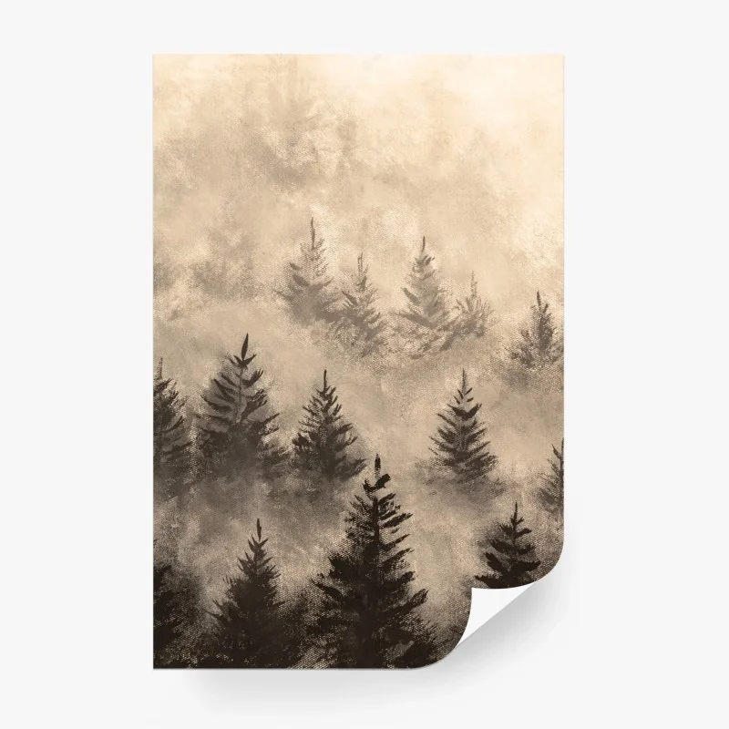 Carta da parati foresta di abeti nella nebbia in stile seppia