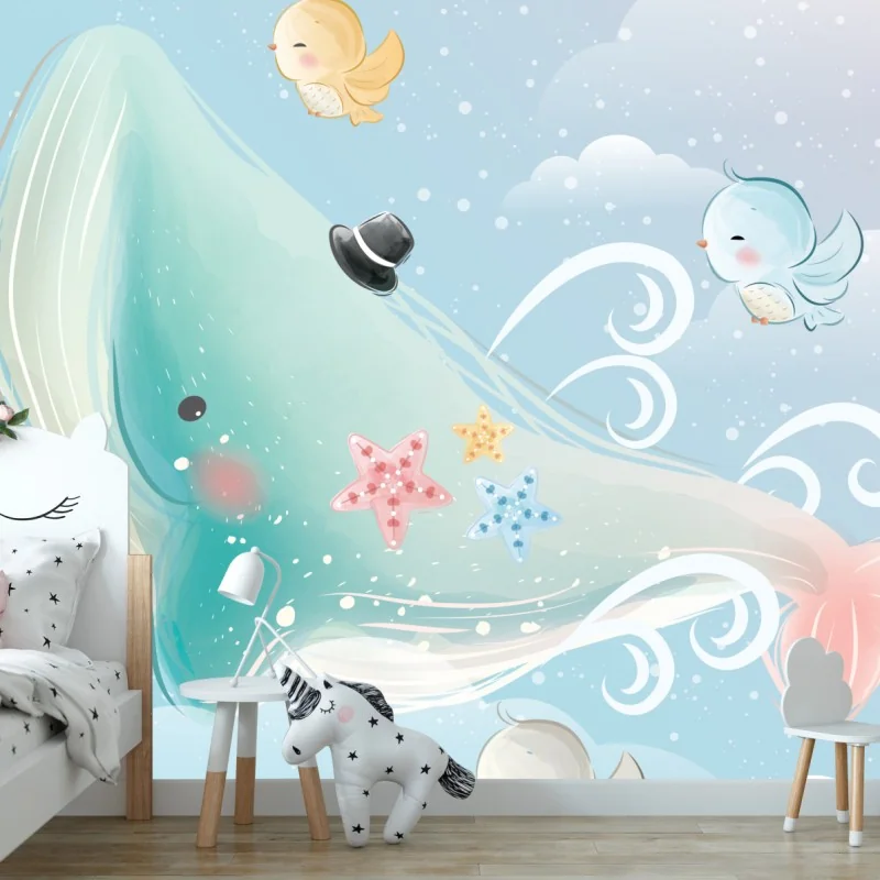 Carta da parati balena sognante nel cielo azzurro