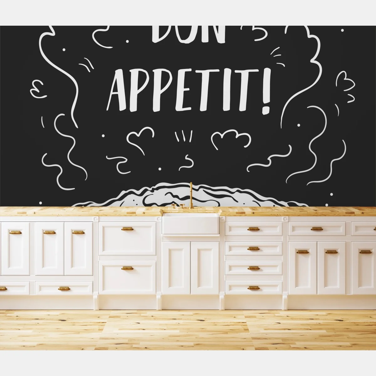 Carta da parati grafica da cucina bon appetit in stile lavagna • Wallissimo® Carta da parati grafica da cucina bon appetit in stile lavagna • Wallissimo®