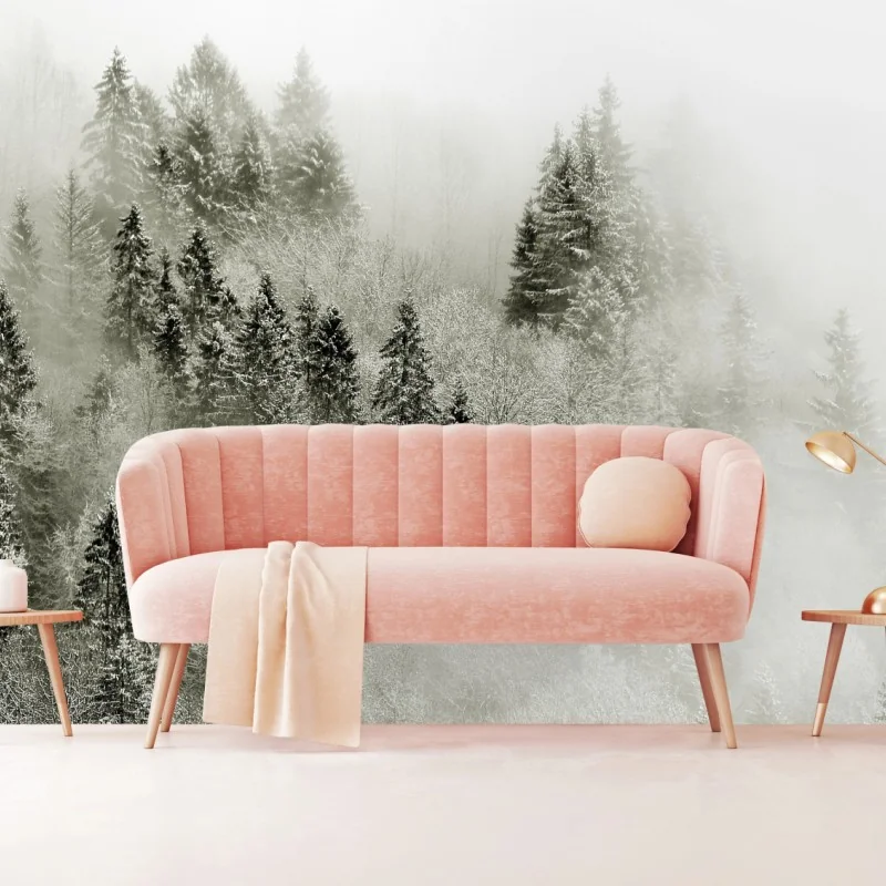 Carta da parati foresta invernale avvolta nella nebbia