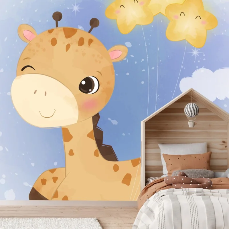 Carta da parati giraffa con stelle sorridenti nel cielo