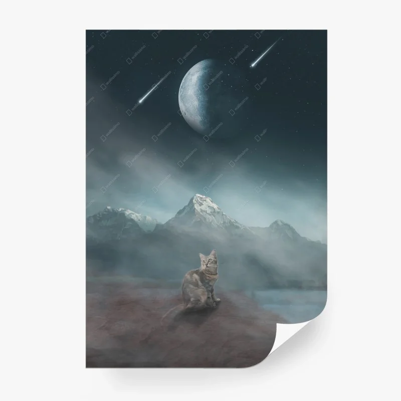 Carta da parati gatto sotto la luna cosmica