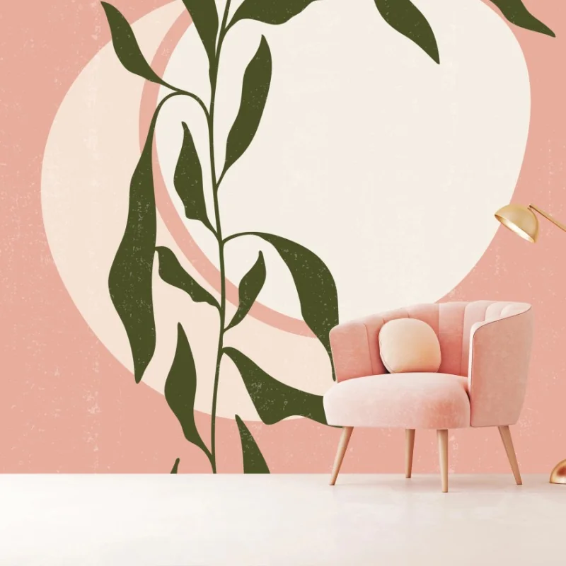 Carta da parati foglie verdi su sfondo rosa pastello