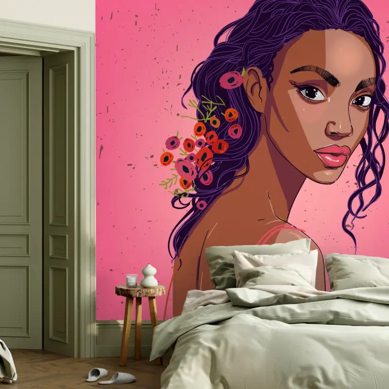 Carta da parati ritratto femminile con fiori su sfondo rosa