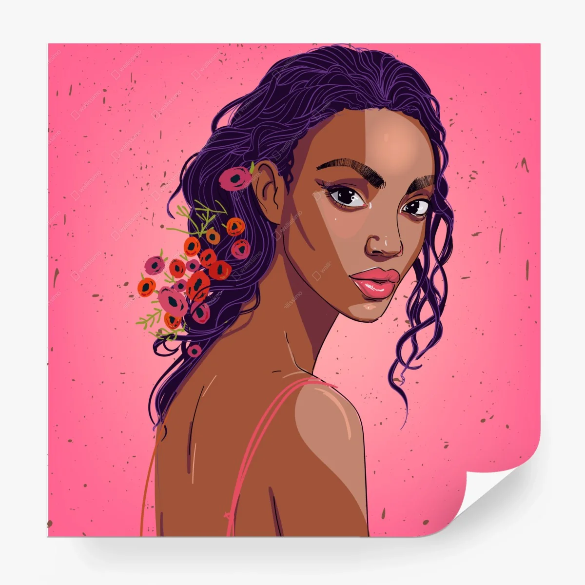 Carta da parati ritratto femminile con fiori su sfondo rosa • Wallissimo®