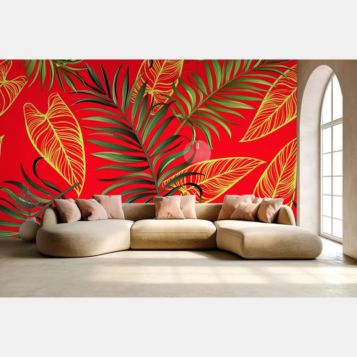 Carta da parati motivo tropicale di foglie verdi su sfondo rosso • Wallissimo® Carta da parati motivo tropicale di foglie verdi su sfondo rosso • Wallissimo®