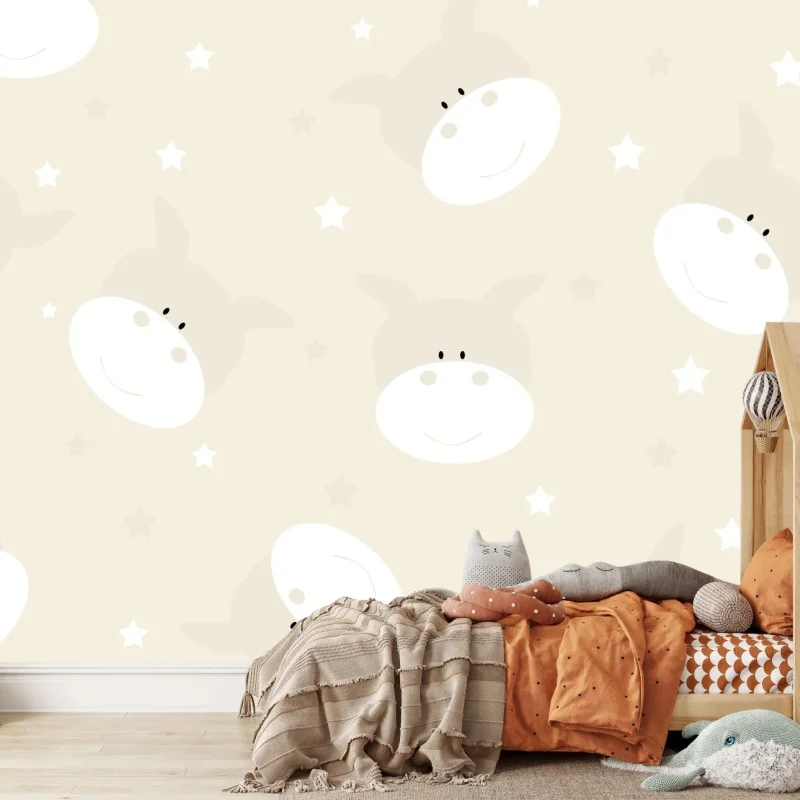 Carta da parati morbido motivo di mucche sorridenti su sfondo beige