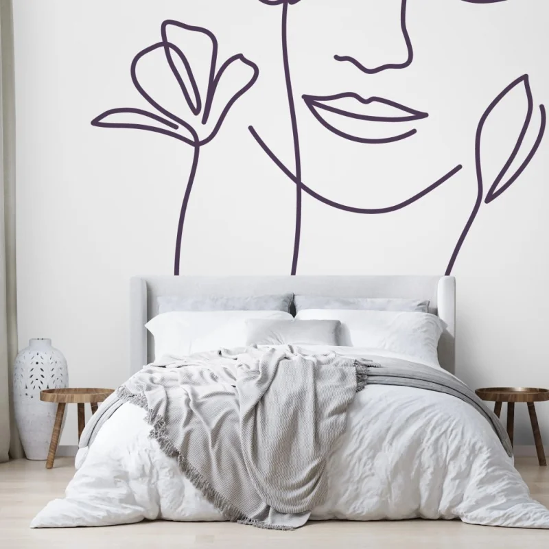 Carta da parati volto floreale a linea continua