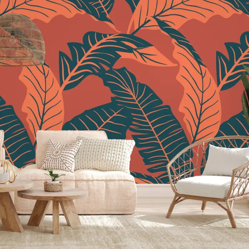 Carta da parati motivo foglie tropicali su sfondo terracotta