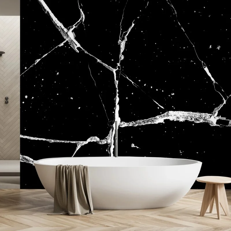 Carta da parati eleganza marmorea: venature bianche su fondo nero