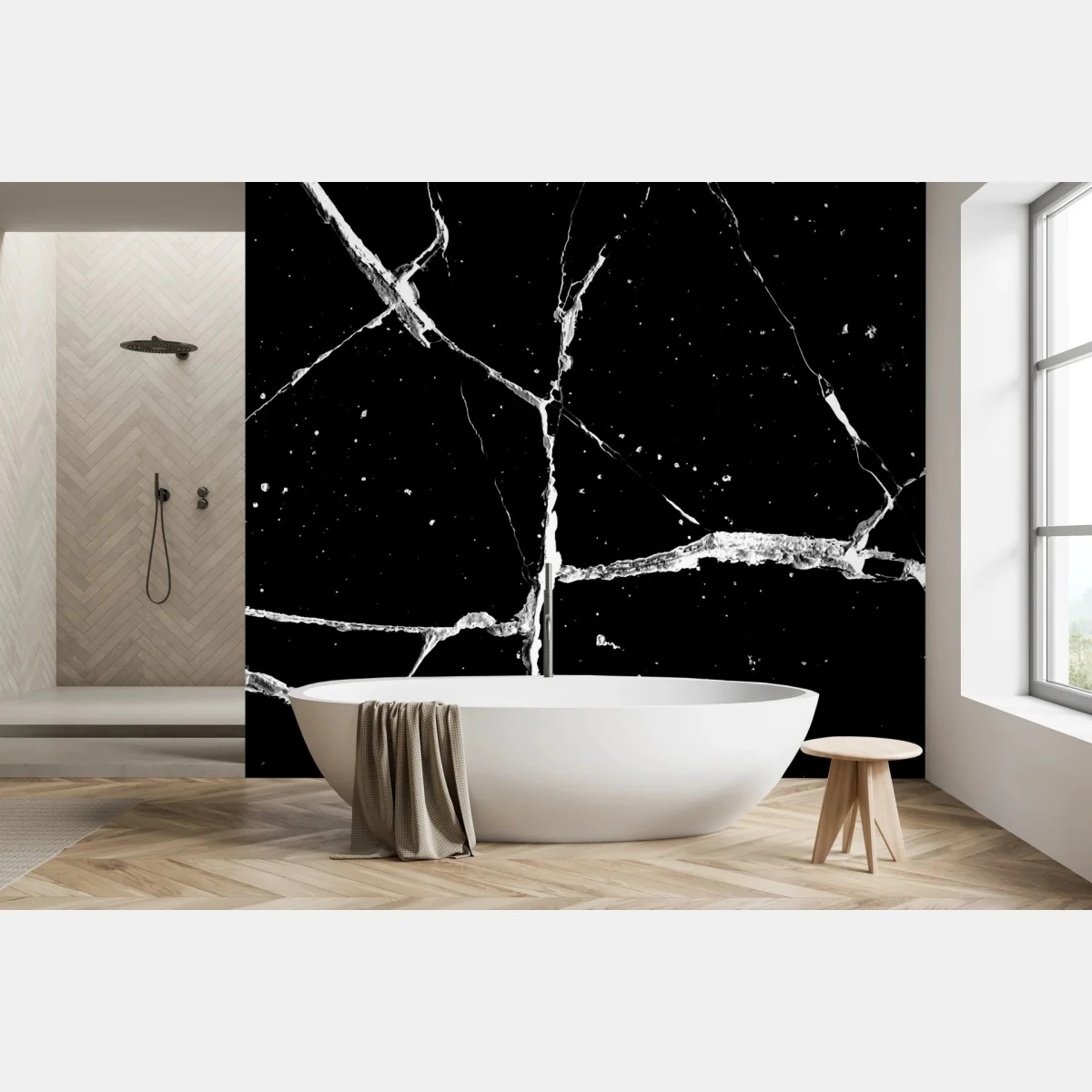 Carta da parati eleganza marmorea: venature bianche su fondo nero • Wallissimo® Carta da parati eleganza marmorea: venature bianche su fondo nero • Wallissimo®