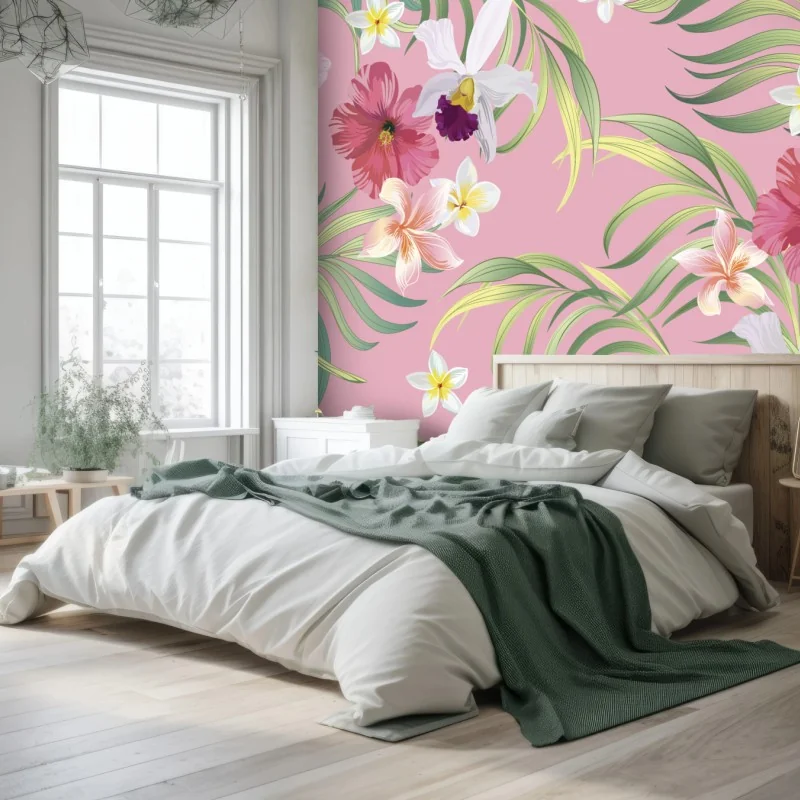 Carta da parati motivo floreale tropicale su sfondo rosa