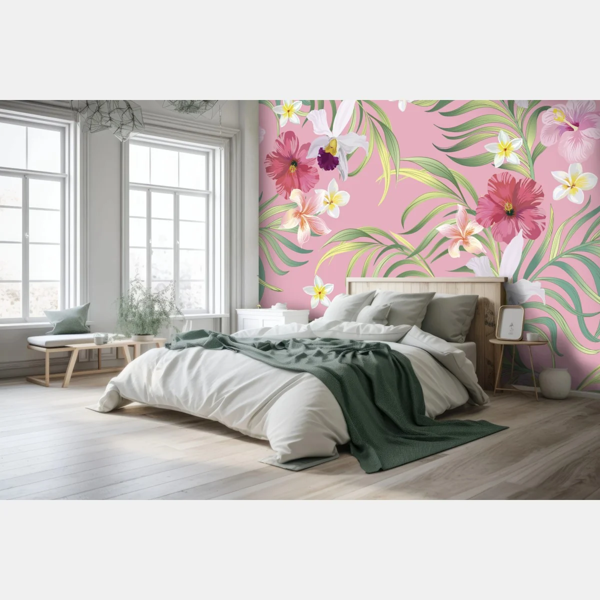 Carta da parati motivo floreale tropicale su sfondo rosa • Wallissimo® Carta da parati motivo floreale tropicale su sfondo rosa • Wallissimo®