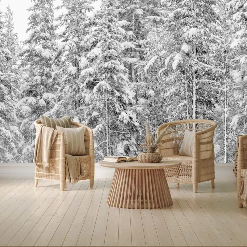 Carta da parati paesaggio silente: foresta innevata in bianco e nero