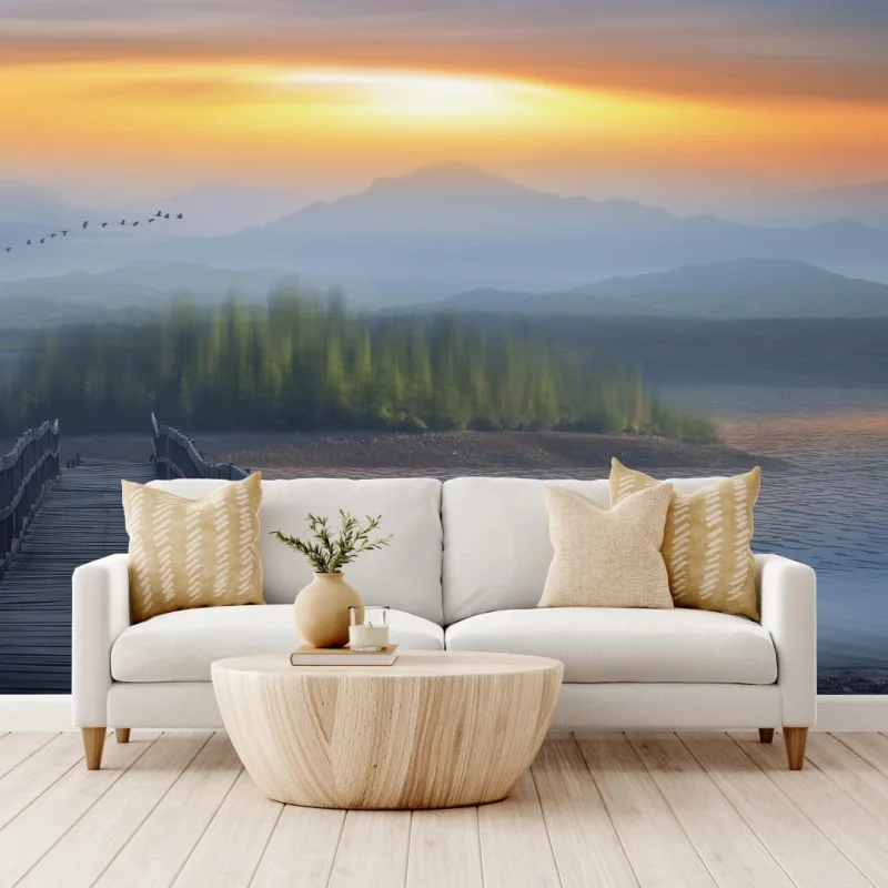 Carta da parati pontile verso l'isola al tramonto