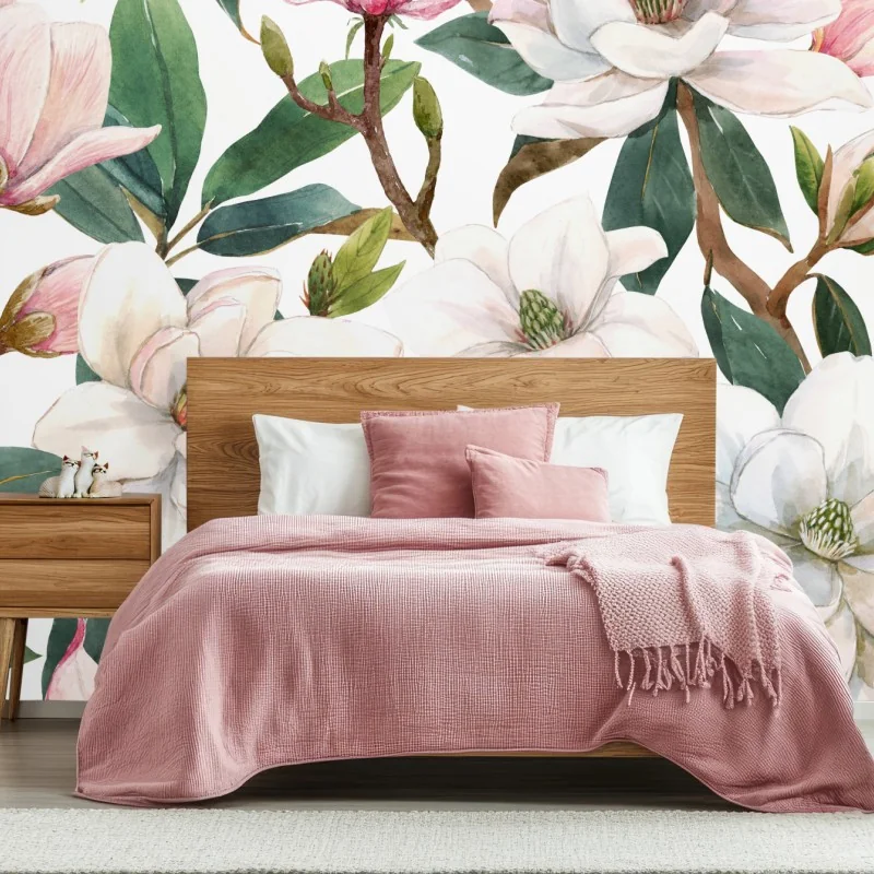 Carta da parati motivo magnolia acquerellato per decorazione da parete