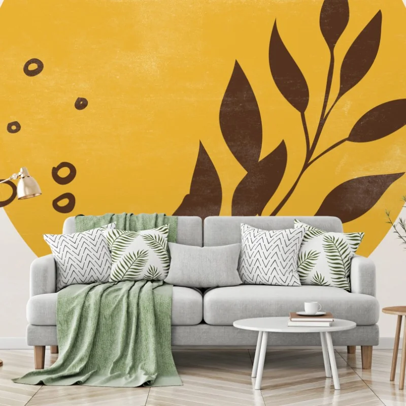 Carta da parati botanica minimal con disco ocra e foglie