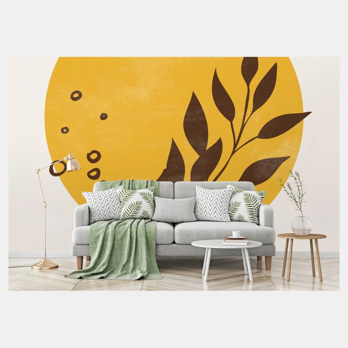 Carta da parati botanica minimal con disco ocra e foglie • Wallissimo® Carta da parati botanica minimal con disco ocra e foglie • Wallissimo®