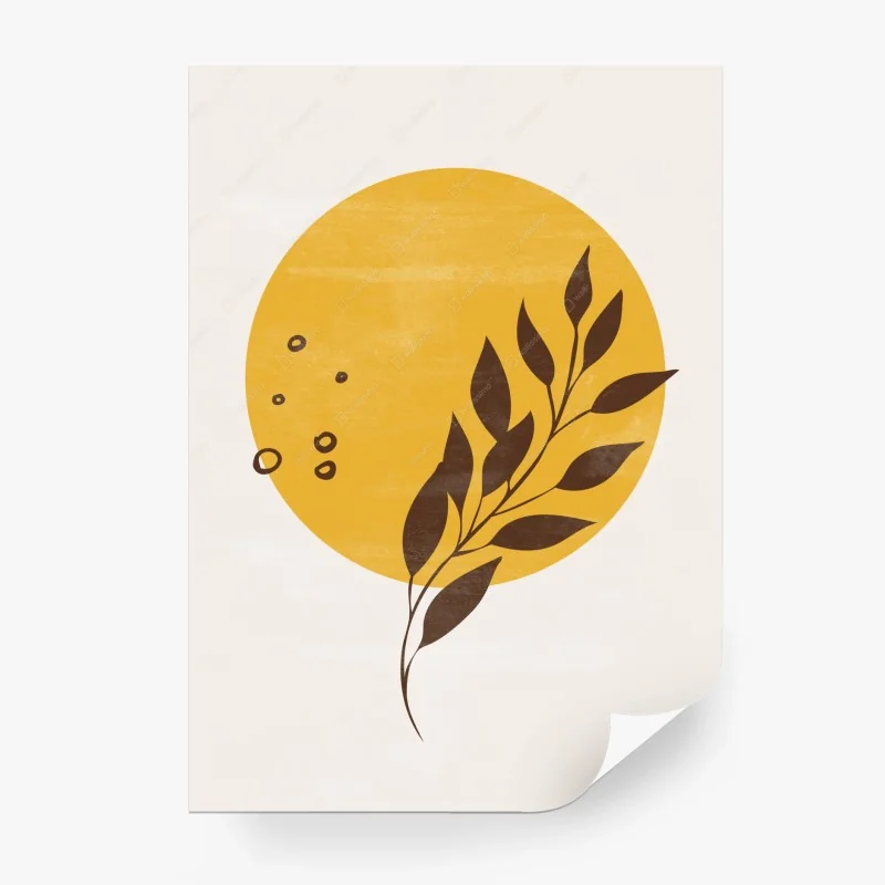 Carta da parati botanica minimal con disco ocra e foglie