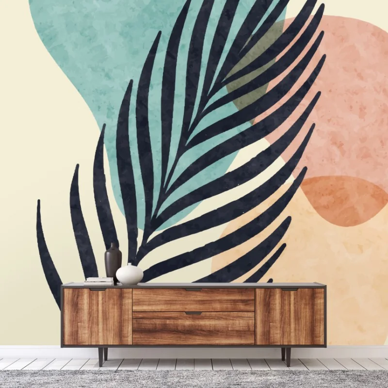 Carta da parati foglia boho su forme astratte color pastello