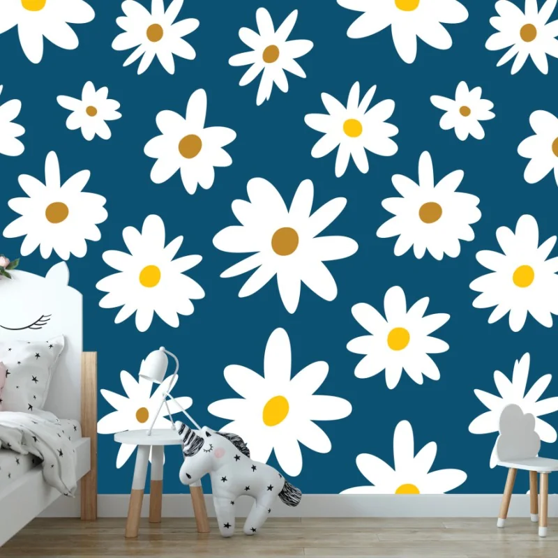 Carta da parati motivo margherite su sfondo blu