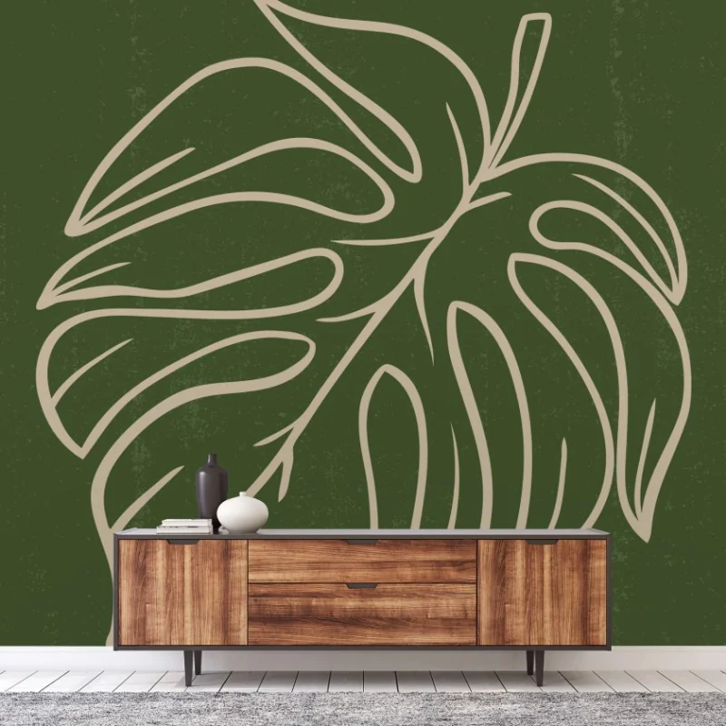 Carta da parati foglia di monstera minimalista su sfondo verde