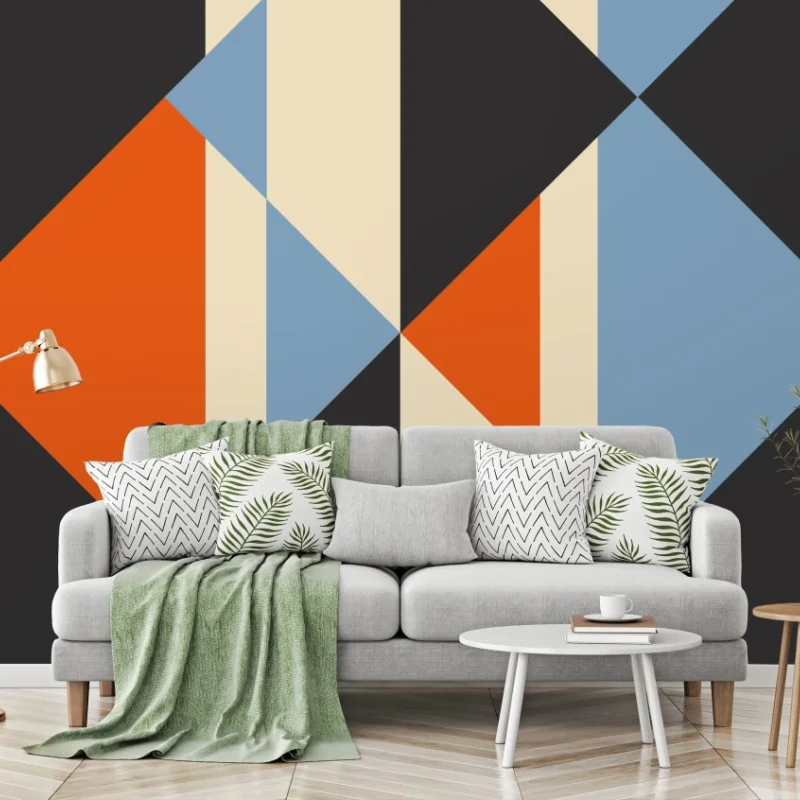 Carta da parati composizione geometrica retrò dai toni arancione e azzurro