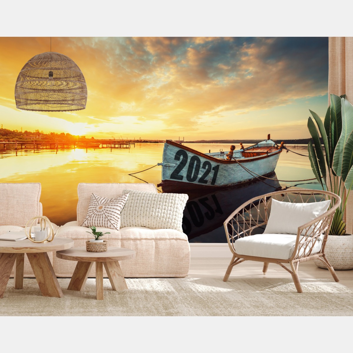 Carta da parati barca al tramonto sul lago • Wallissimo® Carta da parati barca al tramonto sul lago • Wallissimo®