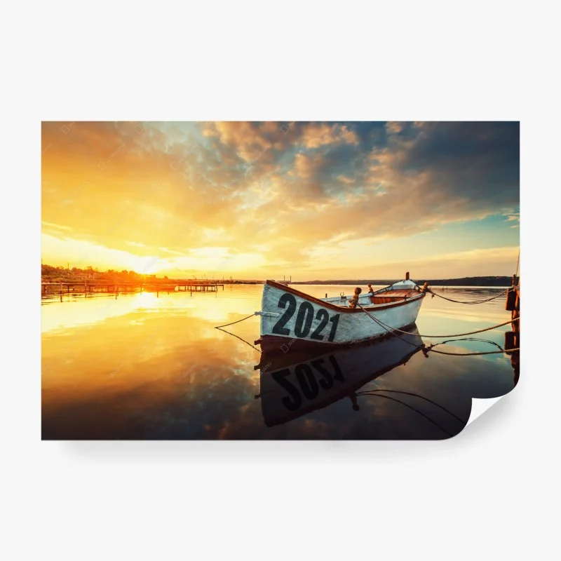 Carta da parati barca al tramonto sul lago