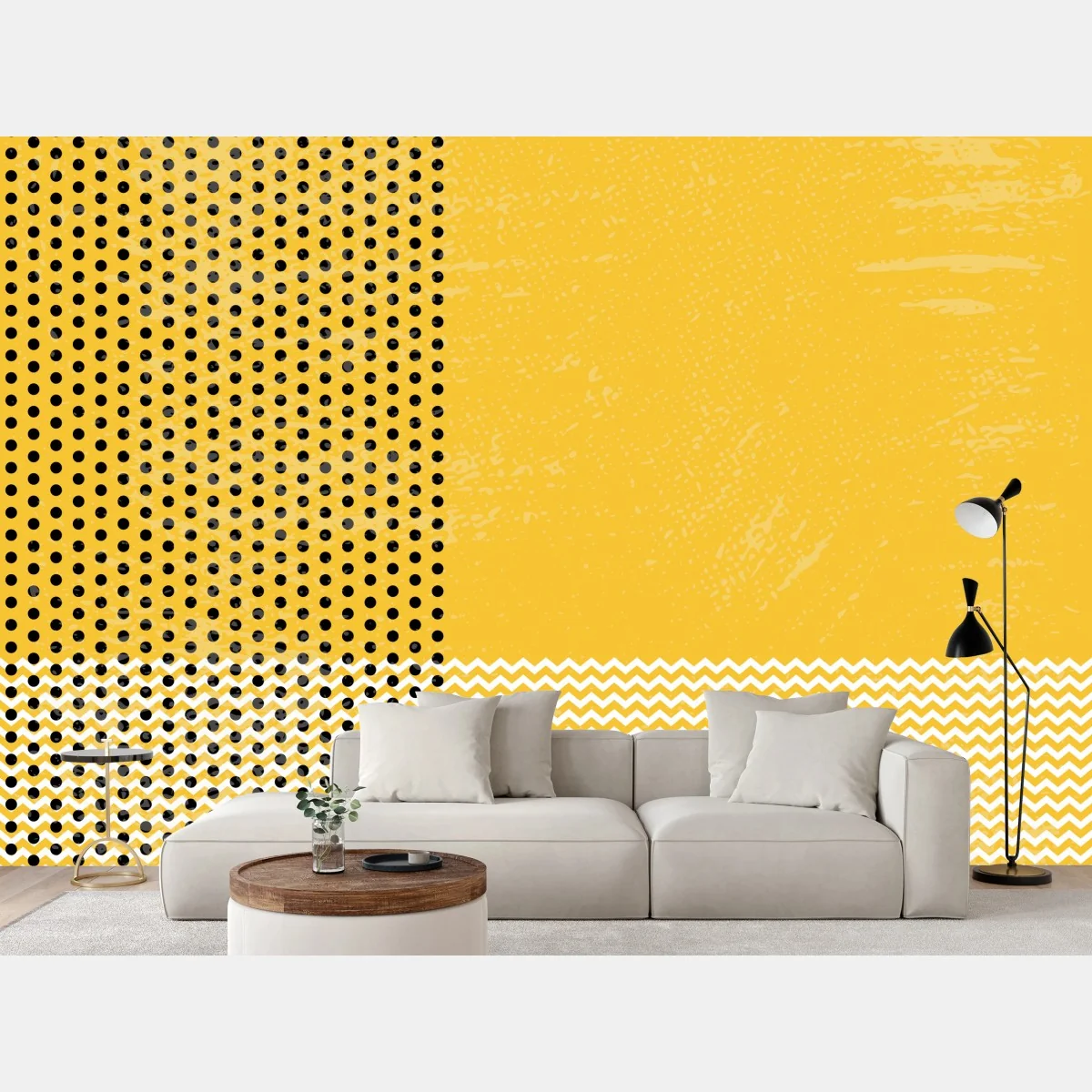 Carta da parati composizione astratta gialla con pois e zigzag • Wallissimo® Carta da parati composizione astratta gialla con pois e zigzag • Wallissimo®