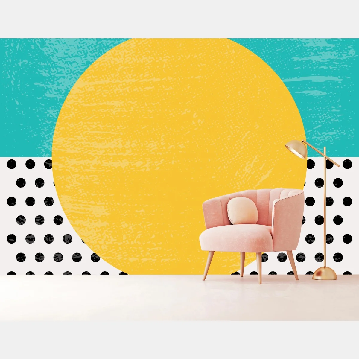 Carta da parati composizione astratta con cerchio giallo e pois • Wallissimo® Carta da parati composizione astratta con cerchio giallo e pois • Wallissimo®