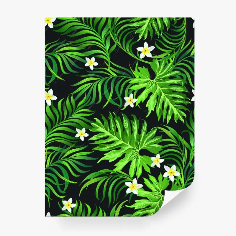 Carta da parati motivo tropicale con foglie verdi e fiori bianchi