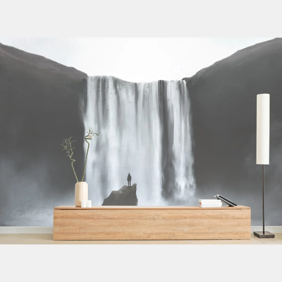 Carta da parati cascata maestosa e figura solitaria • Wallissimo® Carta da parati cascata maestosa e figura solitaria • Wallissimo®